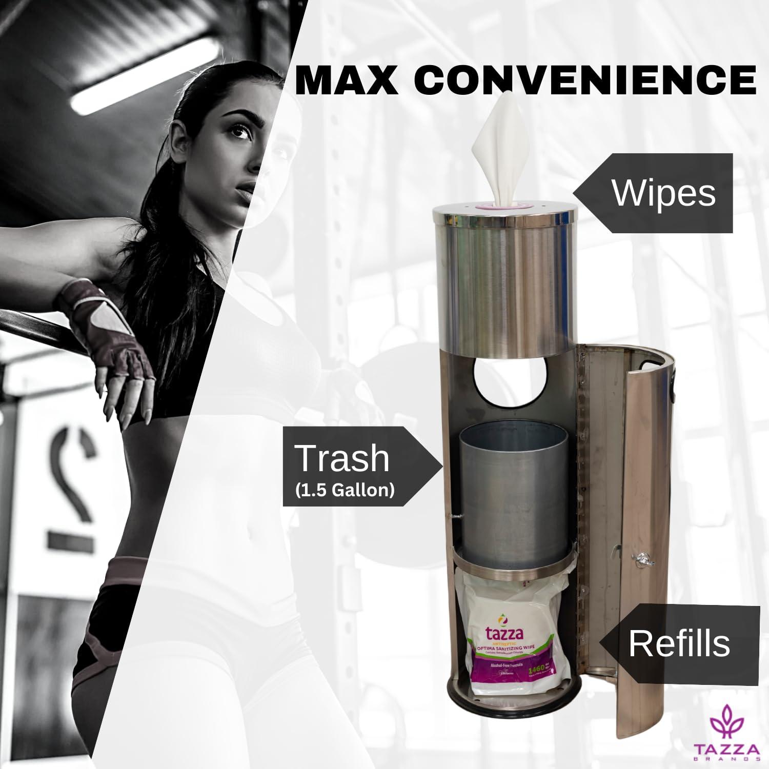 image:imageTazza Gym Equipment Wipe Dispenser with Stainless Steel Floor Stand Builtin Trash Can Fitness Equipment Wipes Holder 15 Gallon Silver