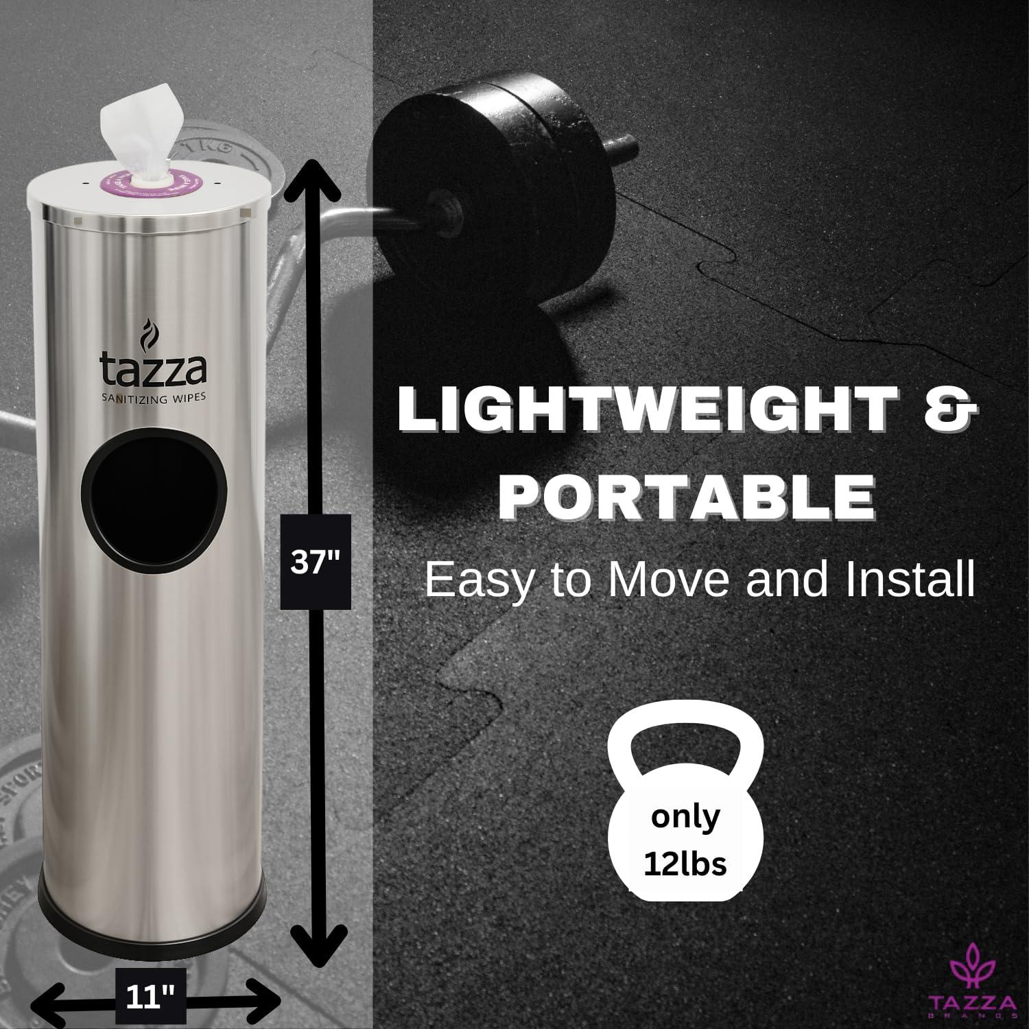 image:imageTazza Gym Equipment Wipe Dispenser with Stainless Steel Floor Stand Builtin Trash Can Fitness Equipment Wipes Holder 15 Gallon Silver