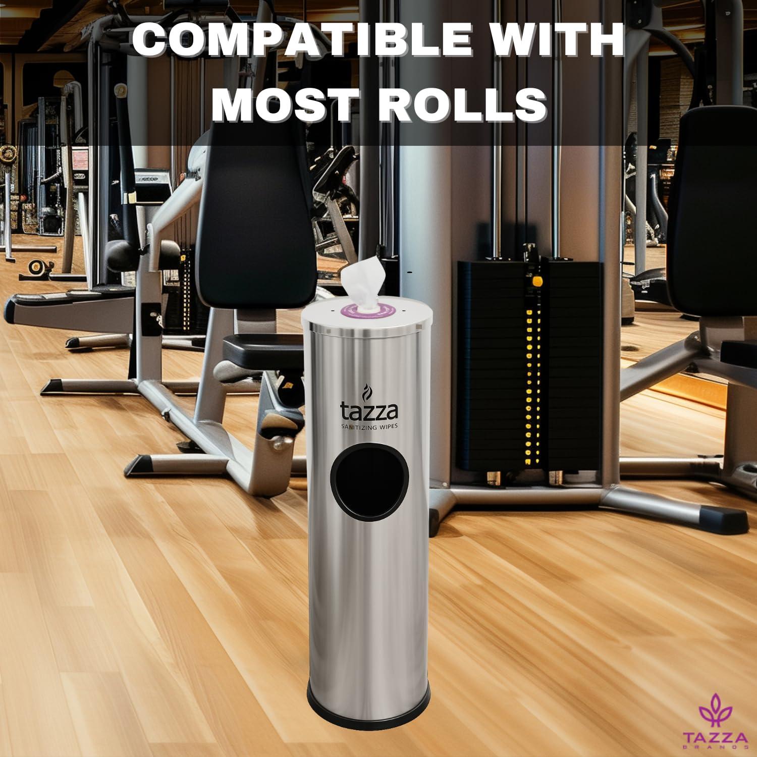 image:imageTazza Gym Equipment Wipe Dispenser with Stainless Steel Floor Stand Builtin Trash Can Fitness Equipment Wipes Holder 15 Gallon Silver