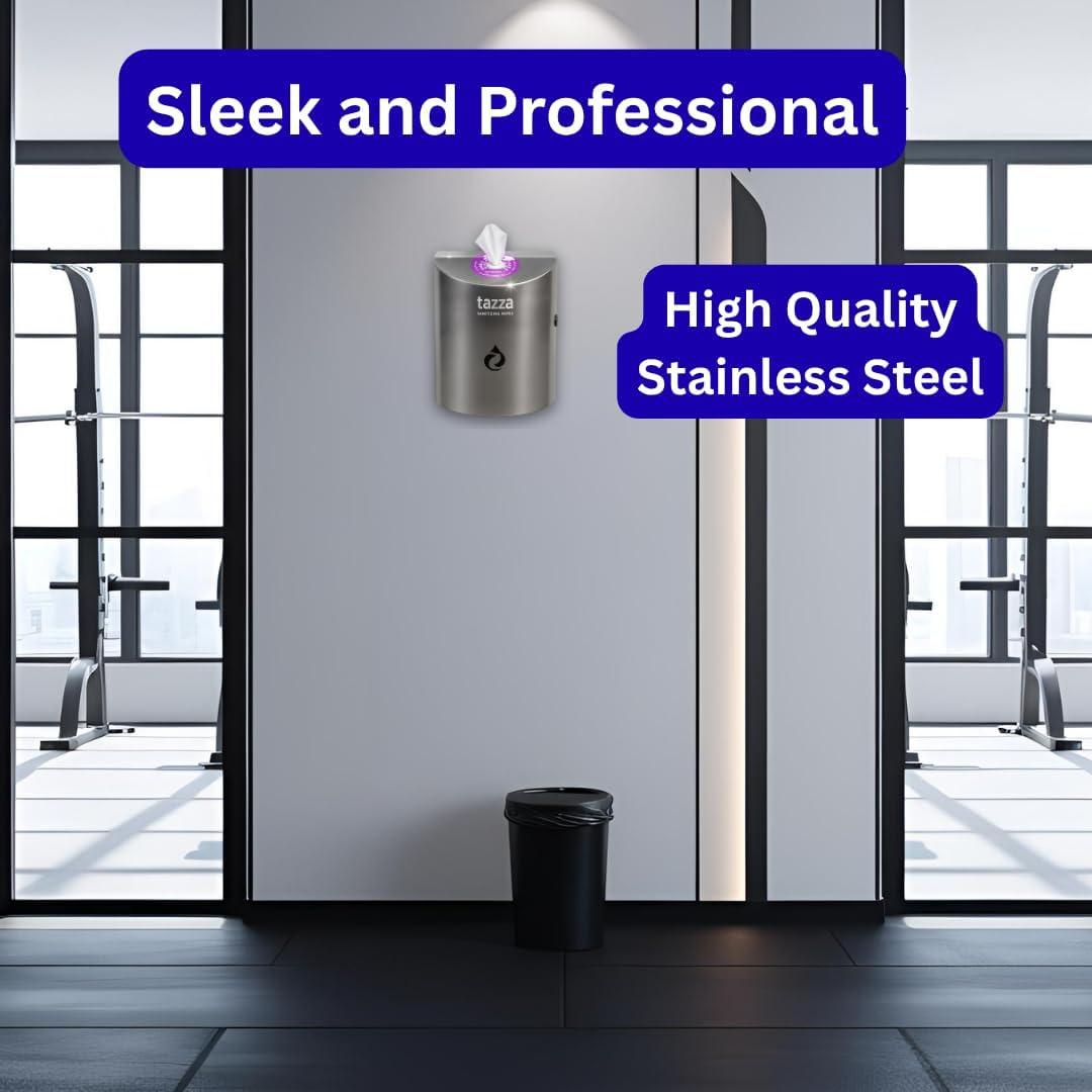image:imageTazza Stainless Steel WallMounted Gym Equipment Wipe Dispenser NoTouch Sanitizing Wipes Holder Easy to Install amp Refill Ideal for Gyms Studios amp Commercial Use