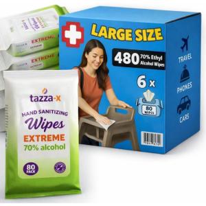 Tazza Alcohol Wipes – Unscented, Travel Hand Cleaning Wipes – 80 Ct (Pack of 6, 480 Wipes)