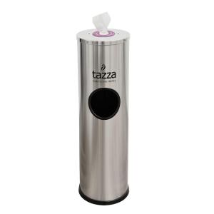 Tazza Gym Equipment Wipe Dispenser with Stainless Steel Floor Stand, Built-in Trash Can, Fitness Equipment Wipes Holder, 1.5 Gallon, Silver